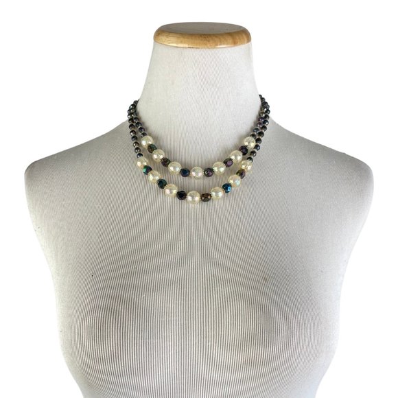 Vintage Faux Pearl Black Beads Necklace 2 Strand Black & Iridescent Beads 1980s - Picture 4 of 6